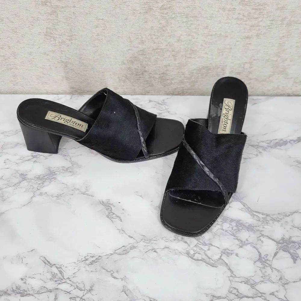 Brighton Tilly Italian Leather Calf Hair Women's Black Heeled Sandals Mules